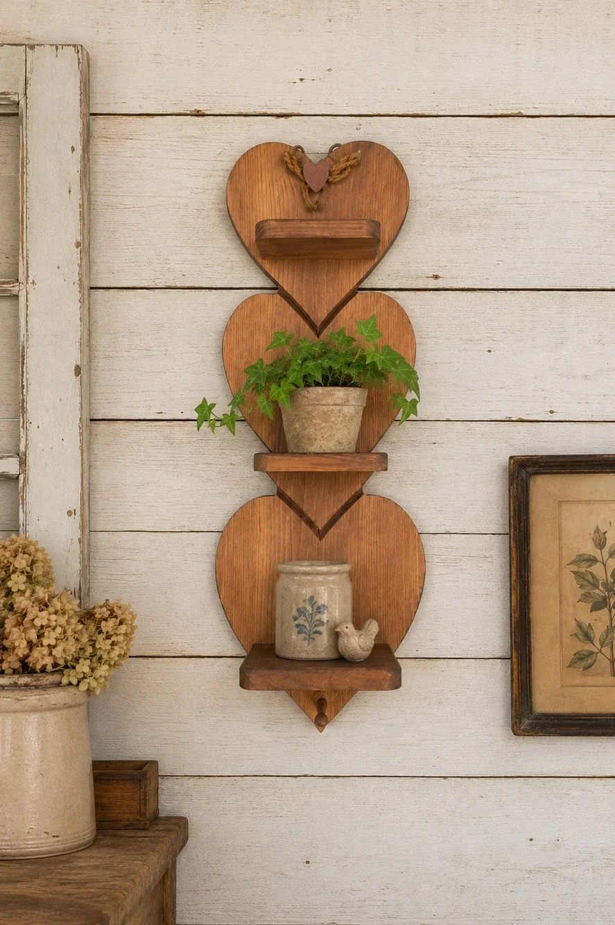 Wooden Shelf 3 Tier Heart Shaped Vintage Wall Shelf w/ Peg Country Farmhouse